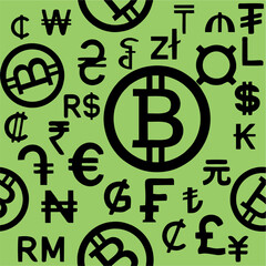 seamless black pattern of graphic symbols of different currencies of the world on a green background, texture, design