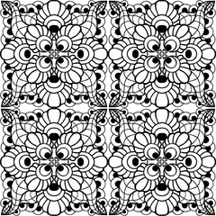 seamless graphic pattern, floral black ornament tile on white background, texture, design