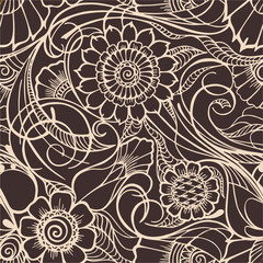 purple graphic pattern of large beige flowers on a brown background, seamless pattern, texture, design
