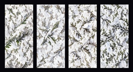 A set of patterns in white winter camouflages military, soldier uniform fabrics texture