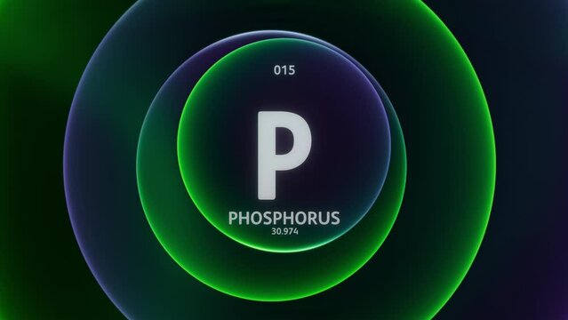 Phosphorus as Element 3 of the Periodic Table. Concept animation on abstract green purple gradient rings seamless loop background. Title design for science content and infographic showcase backdrop.