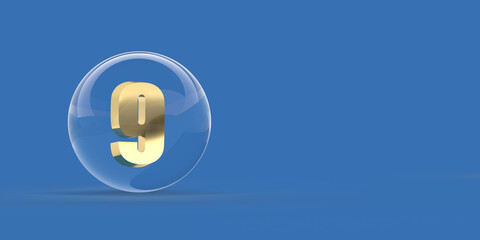 Golden Number 9 Glass sphere on blue background, copy space and clipping path. Realistic 3D render light reflection and dropped shadow illustration. Front view on crystal ball collection. Set of 10