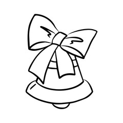 Christmas bell with a bow. Contour drawing. Doodle style. A design element.