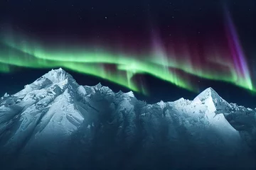 Aurora Borealis über arktischem Gebirge 3D-Kunstwerk Ehrfürchtiger Naturhintergrund. Spektakuläre Polarlichter und schneebedeckte Berge Atemberaubende Nachtfoto-Landschaftstapete. Antarktische Landschaft Illustration © yamonstro