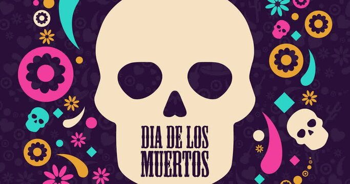Inscription Day of the Dead in Spanish. Dia de los Muertos holiday concept. Flat holiday animation. Motion graphic design. Loop footage.