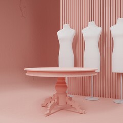 Festive exhibition of a sewing studio. White mannequins on a pink background. Coffee table with carved legs. 3d rendering.