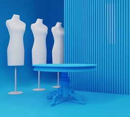 Festive exhibition of a sewing studio. White mannequins against a blue wall. Coffee table with carved legs. 3d rendering.