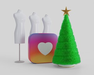 Festive illustration template for New Year greetings. Sewing studio, tailor's mannequins. 3d rendering.