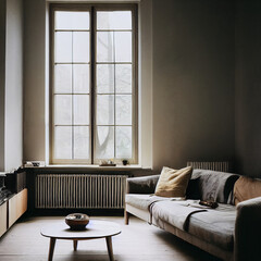 A living with sofa and heater on wall