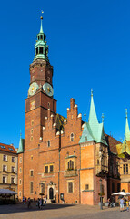 Gothic Old City Hall Ratusz and Sukiennice Cloth Merchant House at Rynek Market Square in historic old town quarter of Wroclaw in Poland