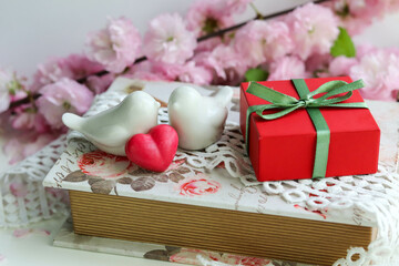 happy valentine's day greeting card. flowers, gift box and red heart