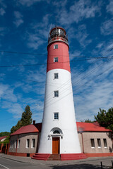 old baltic lighthouse in closed russian city of baltiysk. the history of Baltic Sea and World Ocean, esthetics of Russian tourism, navigation. place for text, cover for poster, sea port