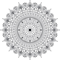 Circular hand drawn black and white mandala with floral elements isolated on a white background. Coloring book page. Vector pattern for design.