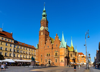 Gothic Old City Hall Ratusz and Sukiennice Cloth Merchant House at Rynek Market Square in historic old town quarter of Wroclaw in Poland