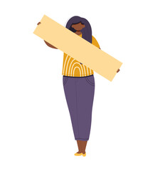 African American woman holding a blank placard or banner vector illustration.