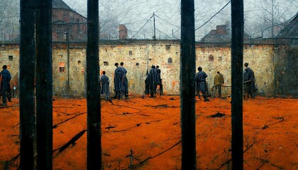 convicts gathering in a dystopian prison yard with bars - obrazy, fototapety, plakaty