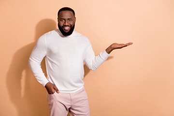 Photo of positive promoter guy hold palm demonstrate promo ads wear sweater isolated pastel color background