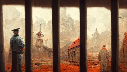 guards and convicts gathering in a dystopian prison yard - obrazy, fototapety, plakaty