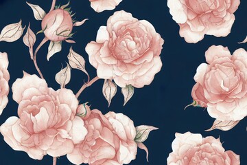 Rose seamless pattern with watercolor on pastel background.Designed for fabric luxurious and wallpaper, vintage style.Hand drawn floral pattern illustration.Rose garden.Pink flower bouquet.