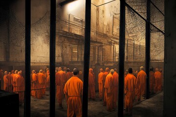 convicts gathering in a dystopian prison yard in orange suits - obrazy, fototapety, plakaty