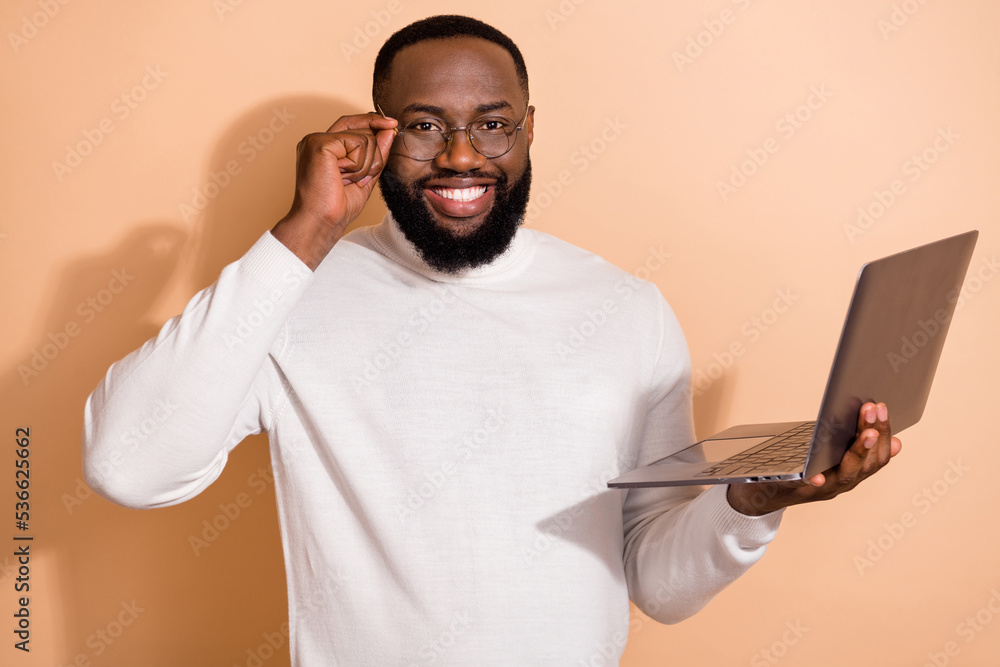 Poster photo of confident smart guy manager hold netbook ready for partner web communication isolated paste