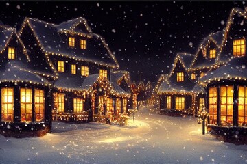 Winter snowy small cozy street with lights in houses, falling snow town night landscape. Winter holidays night time backdrop. Merry Christmas vintage retro illustration background.