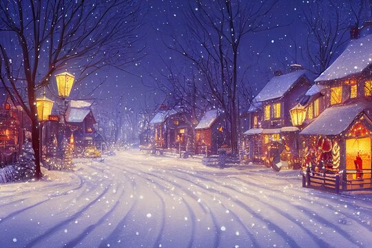 Winter snowy small cozy street with lights in houses, falling snow town night landscape. Winter holidays night time backdrop. Merry Christmas vintage retro illustration background.