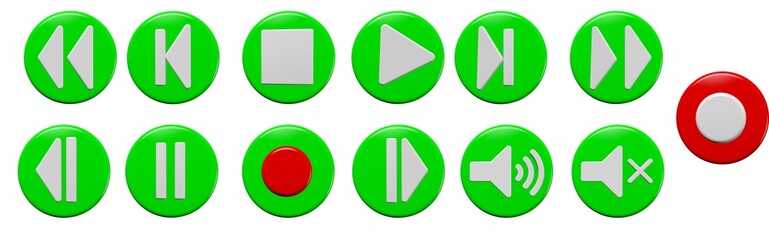 3D image. Round buttons with icons for the player: stop, pause, play and others