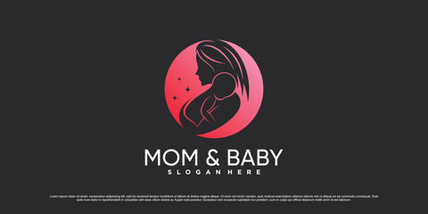 Mom and baby logo design vector illustration with circle concept and creative element