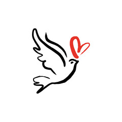 Line art dove. Flying pigeon logo drawing. Black and white vector illustration. Good for greeting card, banner, flyer and poster.