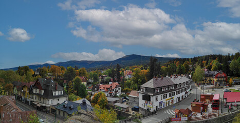 view overlooking the town with picturesque nature in autumn. szklarska poreba, karkonosze, poland