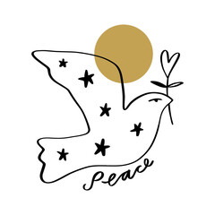 Line art dove. Flying pigeon logo drawing. Black and white vector illustration. Good for greeting card, banner, flyer and poster.