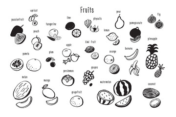 Fruits healthy food vector line illustations set.