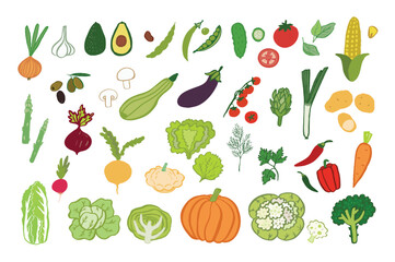Vegetables healthy food vector illustrations set.