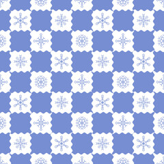 Christmas seamless pattern with snowflakes on chessboard. Y2k groovy psychedelic fun pattern background. Winter pastel blue backdrop for wrapping, wallpaper, print templates, textile, scrapbook paper
