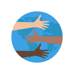 Hands of different nationalities hold planet Earth. Gesture or sign of protection, racial freedom, volunteer concept. Vector illustration flat design