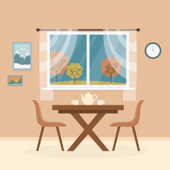 Fototapeta premium Cosy kitchen interior design with furniture, autumn trees window view. Dining table in kitchen with chairs, cups and teapot, pictures, clock on the wall. Flat design vector illustration