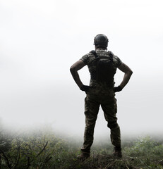 Sad soldier look to the sky