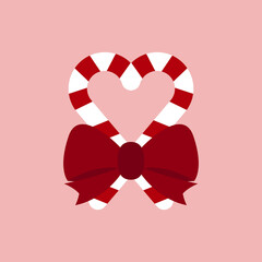Christmas striped stick candy canes with red bow isoalated on pink background. Red sugar heart in flat style design