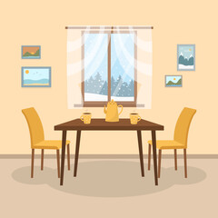 Dining room with table. Cosy kitchen interior design with furniture, winter forest window view. Dining table in kitchen with chairs, cups and teapot, pictures on the wall