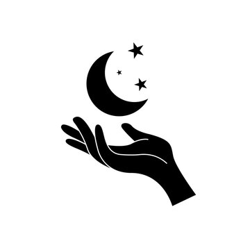 Moon and stars on the woman hand flat vector icon illustration isolated on white background