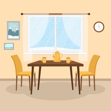 Interior with table. Cosy kitchen interior design with furniture, snowy winter window view. Dining table in kitchen with chairs, cups and teapot, clock on the wall, pictures. Flat vector illustration 