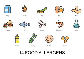 14 food allergens. Set of color icons of basic allergens . Vector illustration