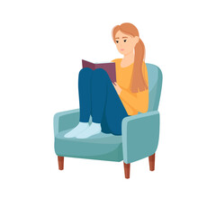 Beautiful woman sitting in chair and reading book. Vector illustration