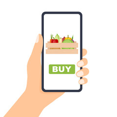 Hand holding phone. Smartphone screen with page buy box with vegetables, vector illustration