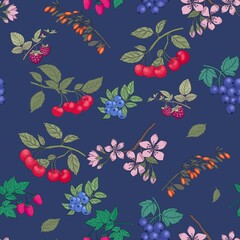 Seamless botanical pattern, bright natural print with blueberry bushes, cherry, cranberry, raspberry. Summer botany background with blue berries, juicy leaves on branches, real berry.