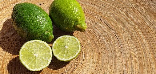 Fresh limes on a wooden background. Juicy lime halves. Green limes, refreshing citruses. Ripe...
