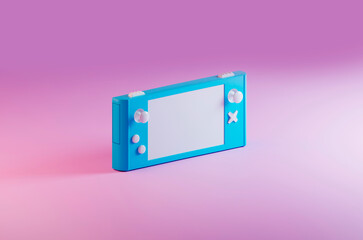 blue handheld game console on pink background