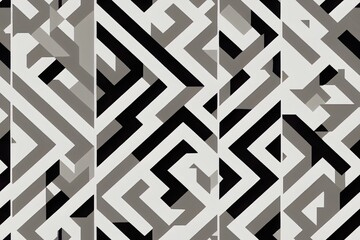 Abstract ethic geometric pattern with maze, diagonal stripes and lines in silver white. Op art seamless geometric background. Simple tribal bold print with art deco motif for wedding invitations