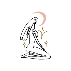 Divine celestial goddess vector clipart illustration, boho sacred magic woman, freedom mystical symbol. Flat holistic healing meditation Reiki New Age concept. Modern abstract silhouette. Hippie